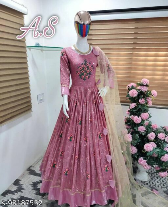 Post image I want 1 pieces of FAUX GEORGETTE WITH EMBROIDERY 5 mm SEQUENCE WORK WITH SLEEVES &amp; Gown 
Name: FAUX GEORGETTE WITH EMB.