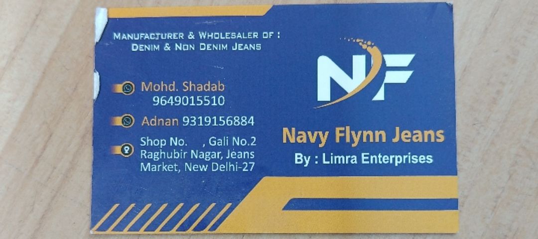 Visiting card store images of manufacturing jeans/ Navy Flynn Jns