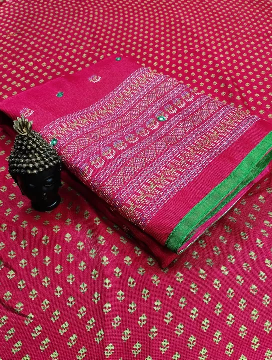 Post image ♥️♥️♥️
SAREE - LINEN JUTE SILK[ beautiful HD print and foil mirror work and contrast lace border and attractive latkan on pallu ]
BLOUSE - LINEN JUTE SILK[ running printed blouse ] CUT - 6.30 METER. ,👌👌👌