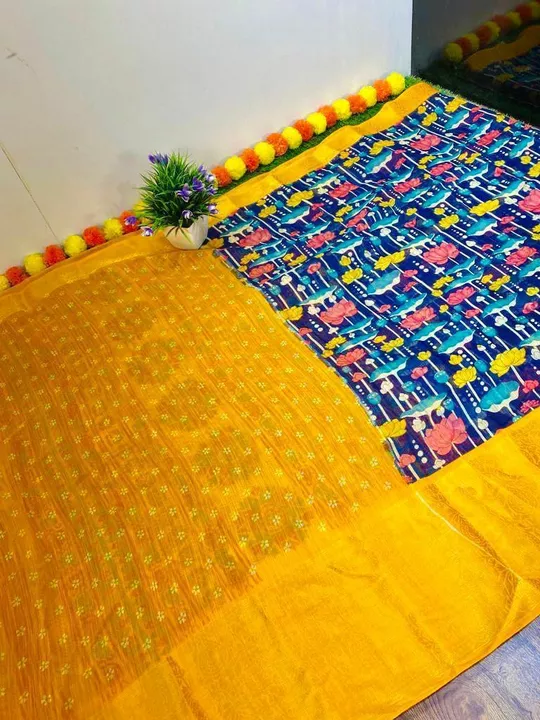 Post image WhatsApp number 8779280473 
🍁Rich *Mangalagiri jute * sarees with *Contrast weaving borders* …
🍁Saree allover unique *Pichwai Designs*….
🍁Contrast *Design Pallu and blouse*  …
* 💁‍♀️We are offering Festvie sale sale price  -650+$*
*💁‍♀️Multiples Available*