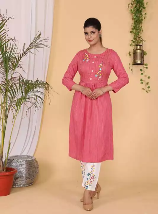 Pink embroidary cotton kurti plazzo set uploaded by चिराग कॉर्पोरेशन on 6/19/2022