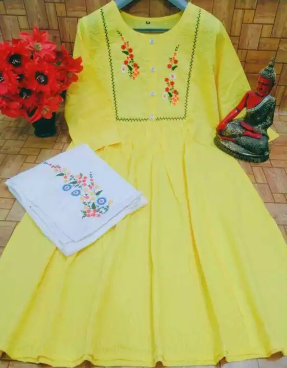 Yellow embroidary cotton kurti plazzo set uploaded by business on 6/19/2022