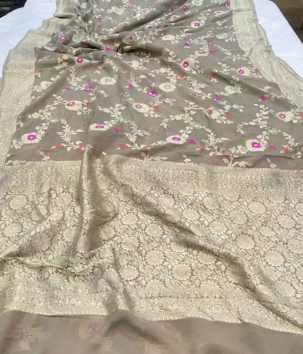 ##Banarasi pure handwoven khaddi georgette saree.#dyeable asper your colour choice #gold and antique uploaded by business on 6/19/2022