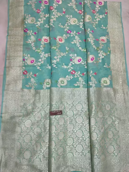 ##Banarasi pure handwoven khaddi georgette saree.#dyeable asper your colour choice #gold and antique uploaded by business on 6/19/2022