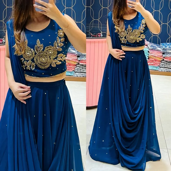 Post image *.      ROSEATE COLLECTION(Designer Skirt With Crop Top And Dupatta)               2363
*Fabric Description:**Crop Top *: Georgette Fabric Crop Too Attached with lining &amp; Having beautiful Handwork embriodery*Size* :38-40-42-44”inchs*Length* :17”inchs
*Skirt**- Georgette fabric Skirt attached with lining Having Beautiful Work*length -*40”inchs
*Stitched Dupatta* : Georgette Fabric Designer Pre Stitched Dupatta 
Price 2250(Ship Extra)
    *.      Ready To Dispatch *
* Imp*Pre Stitched Dupatta Is Detachable According To Your choice You can wear this dress with or without dupatta