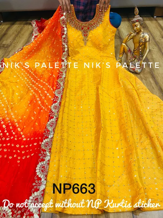 Post image *NP*
*NP663*
Premium chanderi silk paded gown  with all over sequins &amp; embroidery📌 Sleeves inside attachedLining attachedBeautiful work on necklineBhandhani silk dupatta with gota lace 
Size 44
Sale - 1599 Free Ship*
*Do not accept without NP kurtis sticker*