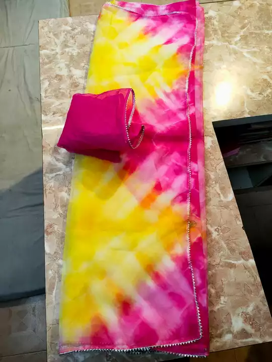 Post image 🤯😳New launch designer 🤯🤯       👉 pure organza print Full multi  4 dies shibori die saree                👉  vijiya border Saree       👉 lenght 5.50cm Blouse .80cm👉  Rate 700 fs😆😆Full stock avaliable Good quality as compare to other vendor