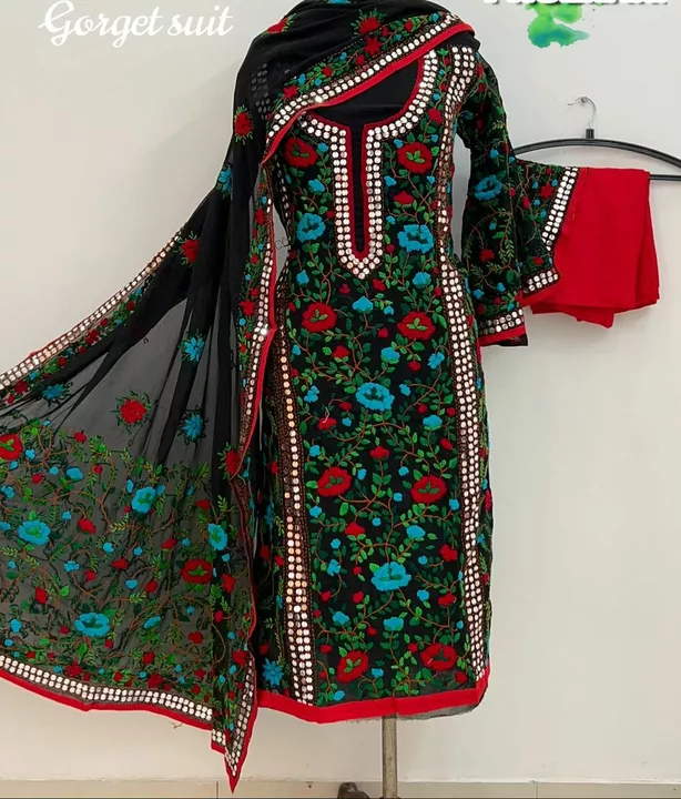 Post image PARTYWEAR COLLECTION kantha pure georgette suit material with handwork on suit,sleeves and dupatta with pure shantoon bottom Shipping chargea100rs