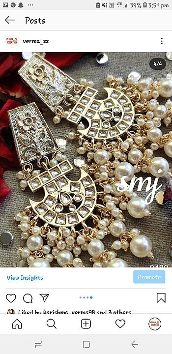 Gold plated carved studs chaanbaalis embellished  with dabi kundan and lustrous pearl charms @550+S uploaded by business on 11/7/2020