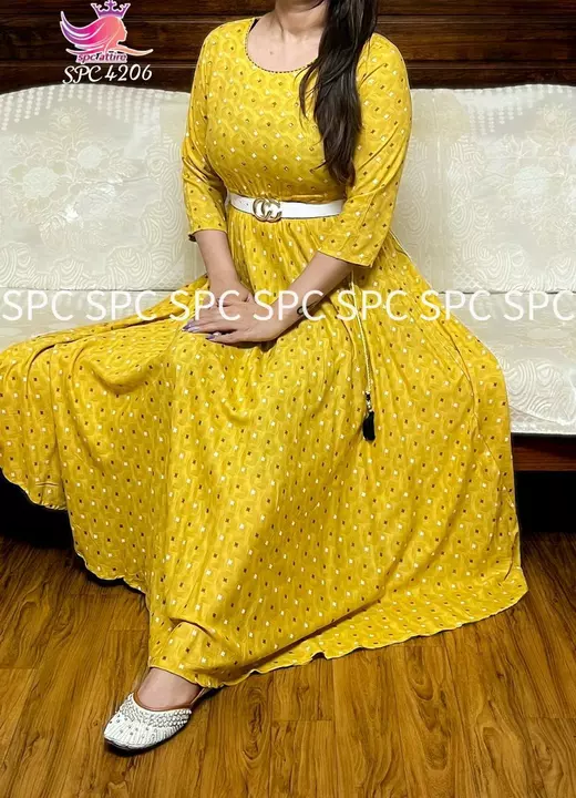 Post image *SPC 4206* *ready stock…
*SPC attire launching designer Collection*Premium rayon gown with adjustable waist dori with tussels…. Sequence detailing on yoke..*size- 38 40 42 44*
*Length-53**Ready**Model wearing 38size with 167 cm height*📌📌📌📌 leather Belt is used for shoot only*Dori belt with tussels is attached with gown