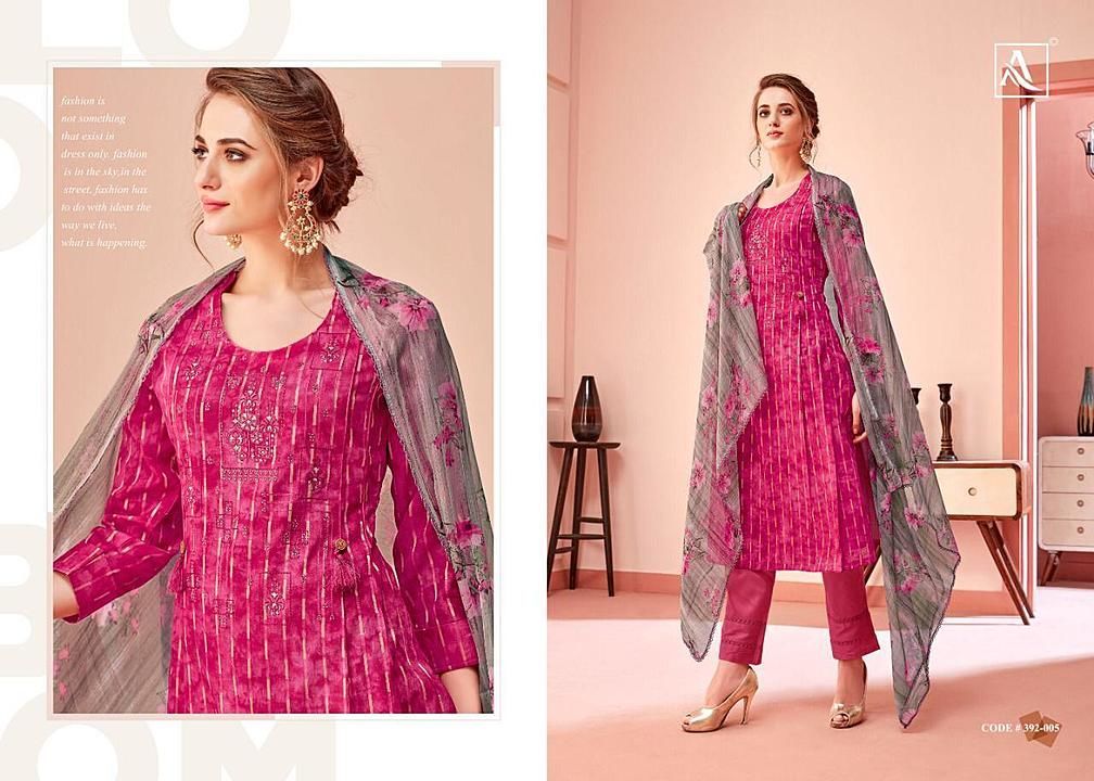 Post image Top-pure cotton viscose jacquard self print with fancy designer thread embroidery.
Dupatta-pure nazneen chiffon .
Bottom-pure cotton dyed.
MRP-  1899.
Offer price-1049.