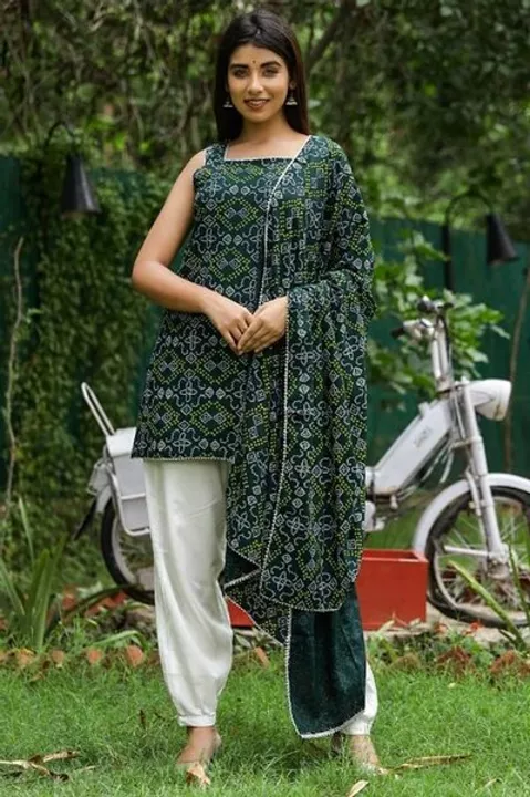 Trending Bandhej Gota Lace Kurti with Patiala Pant and Dupatta uploaded by business on 7/2/2022