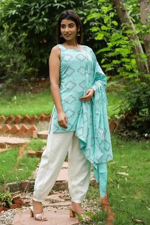 Trending Bandhej Gota Lace Kurti with Patiala Pant and Dupatta uploaded by princeonlinestore on 7/2/2022