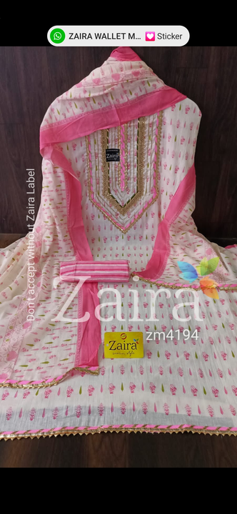 Post image ZM4194 

*DESIGNER PC* 

🌹 Top pure cotton unstitched with beautiful print n neck gota work....Length 45 Bust 50 
🌹 Bottom pure cotton printed.....2.5mtr aprox 
🌹 Dupatta mul mul with beautiful print....2.25 mtr aprox 

Very Very beautiful n exclusive design from ZAIRA 💯 👌 
Super quality 💯 👌 

*1250 Free shipping*