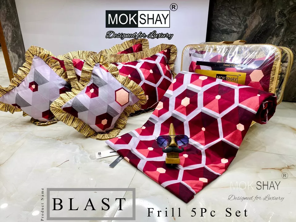 Post image 🔥 BACK WITH A BLAST 🔥
*BLAST*
*FRILL 5 PC BEDDING SET*   ⭐🎀🛌
*FRILL SERIES* 🌹
         
✅ *1 DOUBLE BED BEDSHEET(90*100)* 🛏️
✅ *2  PILLOW COVERS WITH FRILLS (19*29)* 🌹
✅ *2 CUSHION  COVERS WITH FRILLS WITH PURE RELIANCE FLUFFY FILLERS(14*14)* ⭐🌹

✅ FABRIC- COTTON FEEL GLACE COTTON
✅ *A QUALITY PRODUCT WITH FINE FINISHING* 🎀⭐
WEIGHT - 1700 grams (approx)
__________________________