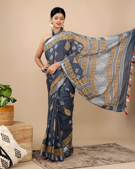 Linen cotton saree uploaded by business on 7/4/2022