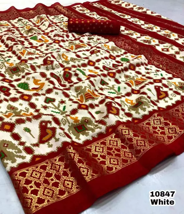 Post image Fabric details - Soft silk ikkat Patola print with foil border &amp; foil print pallu  
Blouse - Contrast printed blouse 


Cut - 6.30 
Available in 8 colours 
Weight - 470 Gram