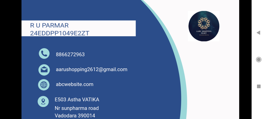 Visiting card store images of Aaru shopping Mart