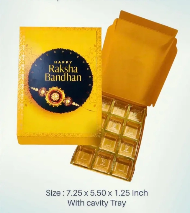 Post image Rakhi chocolate gift box 12/10 cavity box designer box with tray. Price per peace RS. 65/- minimum qty 100 .