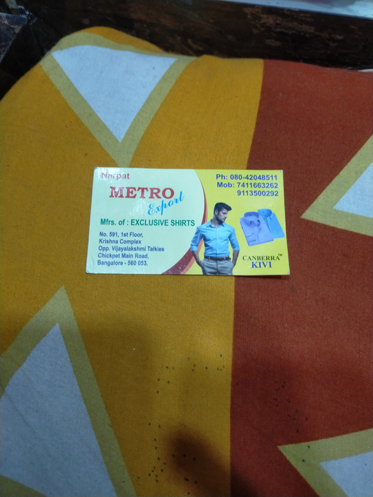 Visiting card store images of Metro export banglore 