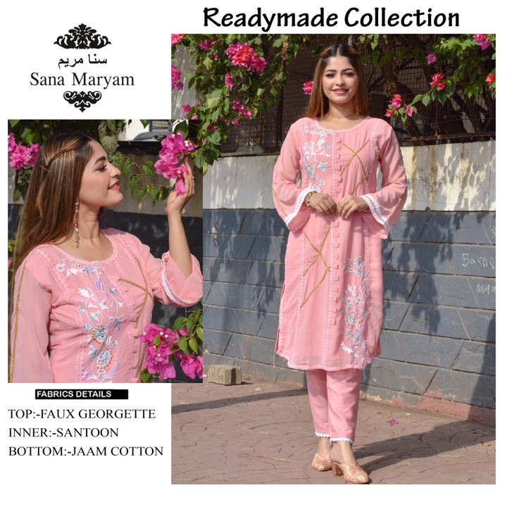 Post image *💕 SANA MARYAM INTRODUCING NEW READY MADE COLLECTION 💕*
*D.No. SM - RM101*
 *Details* 〰〰〰〰〰〰〰*Top* :- Fox Georgette With Santoon Inner *Bottom* :- Jaam Cotton Pant*COLOUR* :- Blush Pink       *Size Chart* Top *xl* size chest *(42)* Bottom *xl* size *(36-42)* 
*Rate Rs:- 1250/- Only*
  *Singles Available*
     Whatsap 9166618211
Ready To Shipp...✈️✈️✈️