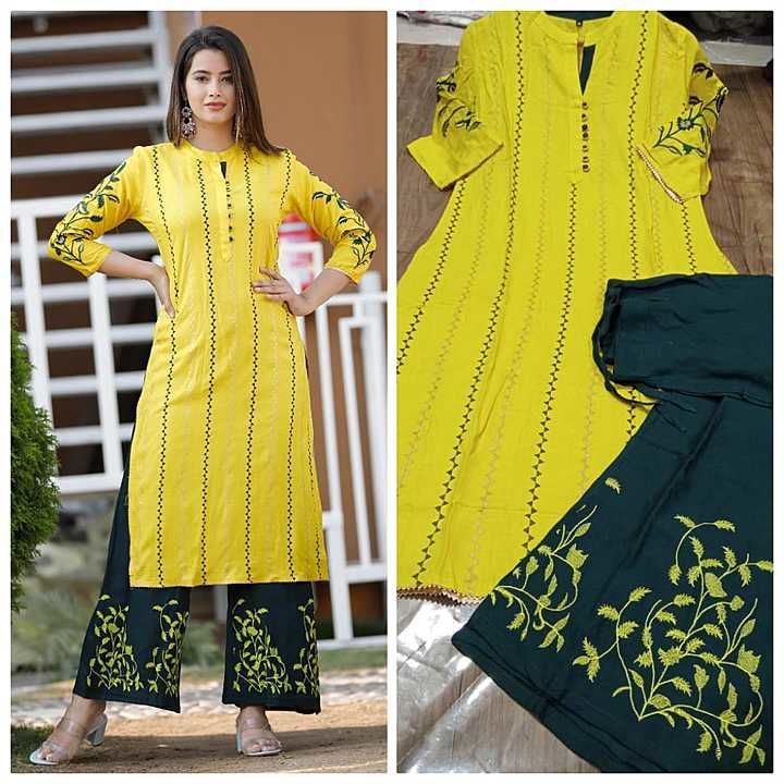 *GOOD QUALITY 👗 FABRICS*

🧶  *Fabric -  rayon* 

👗 *Type -  kurti palazzo*
 
🧵  *Work -   print  uploaded by Aggarwal fashion store  on 11/11/2020