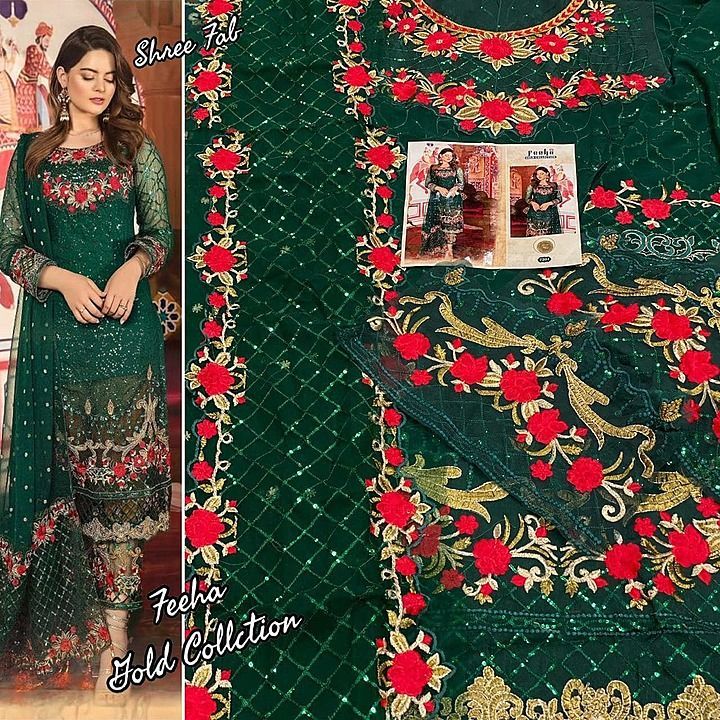 Post image *SHREE FAB (Orignal)* 
                        * FEEHA GREEN*
      *GOLD COLLECTION*
          
      
        👇🏻Fabric details 👇🏻

👗 Top : Faux Georette 
( With Heavy Embroidery)

👖Bottom   : SANTOON 


💐INNER- SANTOON 

🔺Dupatta : HEAVY BUTTERFLY NET 
FLORAL EMBROIDERED 

Single @1300/- 

 *Ready Stock @ Shop* 👆🏼👆🏼

Confirm ur order soon