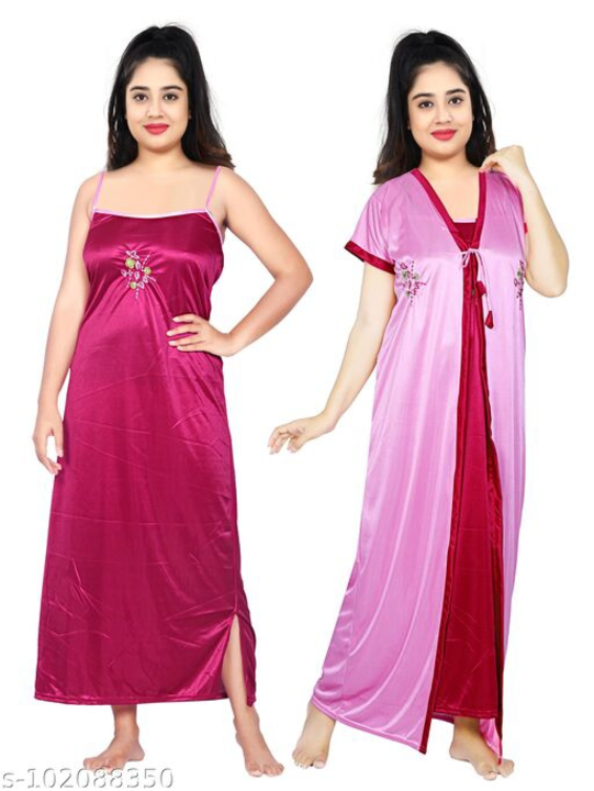 JD Fashion ladies satin Embroidered 2 price silk dark pink nighty with pink robe uploaded by business on 7/17/2022