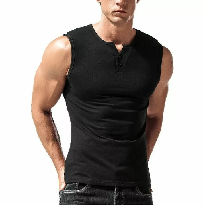 Henley neck solid sleeveless tee gym vest for men uploaded by Hotbutton.in  on 7/17/2022