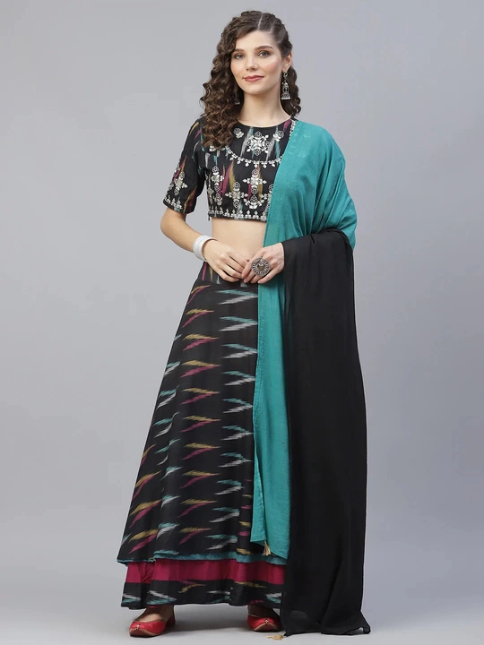 Ikat Woven Embroidered Lehenga Choli With Dupatta (Cotton, Black) uploaded by business on 7/18/2022