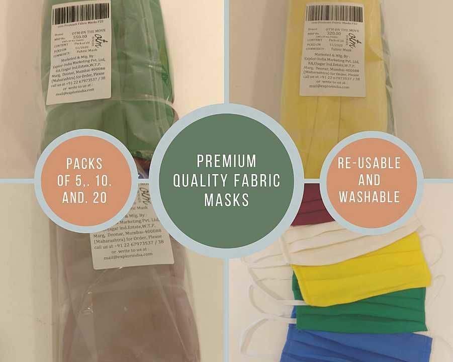 Premium Fabric Masks in Packs of 5, 10 and 20 pcs each; moq 50  packs.  Price given for pack of 10
  uploaded by Explor-India Marketing Private Limi on 11/13/2020