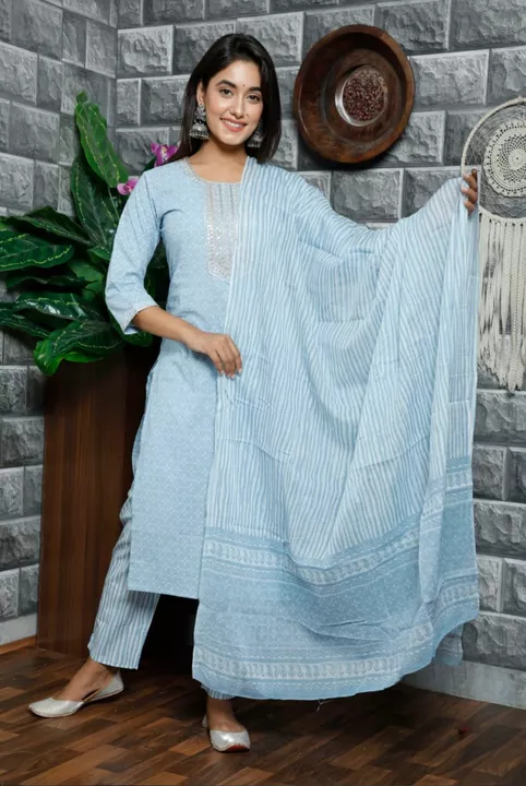 Trendy Blue Cotton Kurta Pant with dupatta  uploaded by business on 7/19/2022