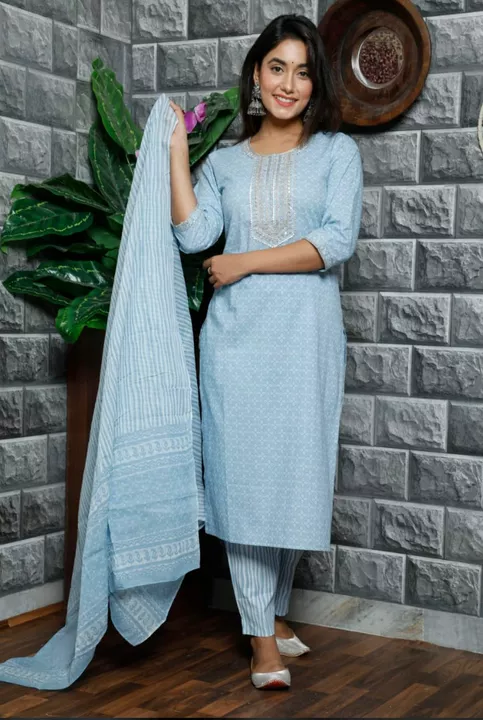 Trendy Blue Cotton Kurta Pant with dupatta  uploaded by Ishna on 7/19/2022
