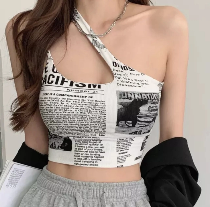 Munaafi Women Newspaper Letter Camisole Sexy Cutout One Shoulder Strappy Padded Crop Top uploaded by KRIPA APPARELS on 7/19/2022