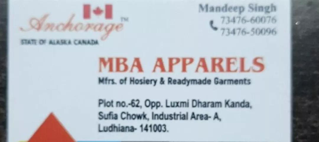 Visiting card store images of MBA APPARELS