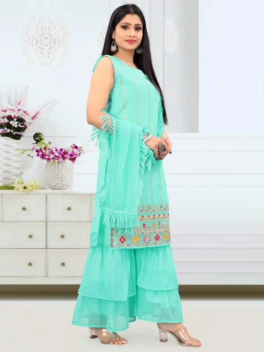  
Fabulous Firozi Color Kurta With Sharara And Dupatta sets   uploaded by Ashadhi Fashion on 7/21/2022