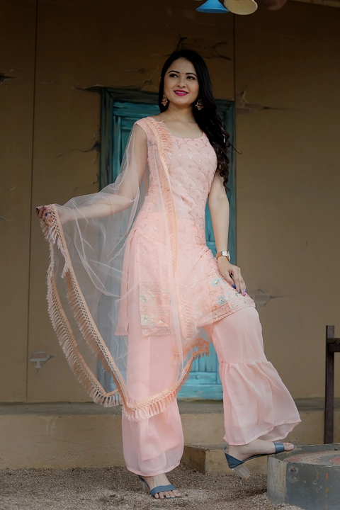 Fabulous Peach Color Kurta With Sharara And Dupatta sets   uploaded by Ashadhi Fashion on 7/21/2022
