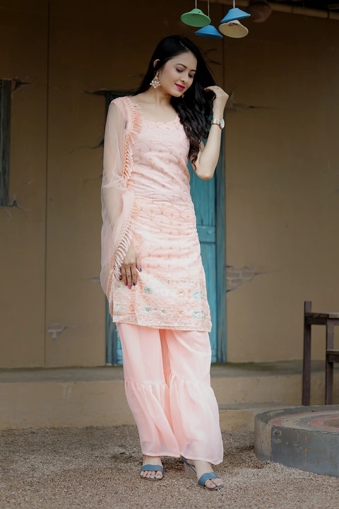 Fabulous Peach Color Kurta With Sharara And Dupatta sets   uploaded by Ashadhi Fashion on 7/21/2022