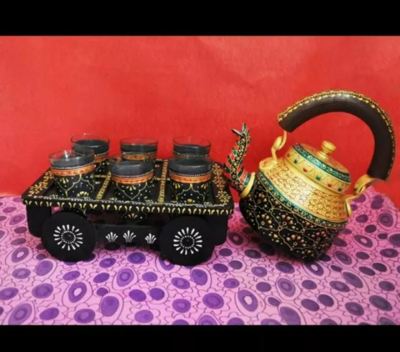 Hand Painted Tea kettles with 6 Glass sets and wooden Cart uploaded by Handicraft junction on 7/23/2022