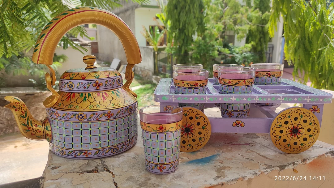 Hand Painted Tea kettles with 6 Glass sets and wooden Cart uploaded by Handicraft junction on 7/23/2022