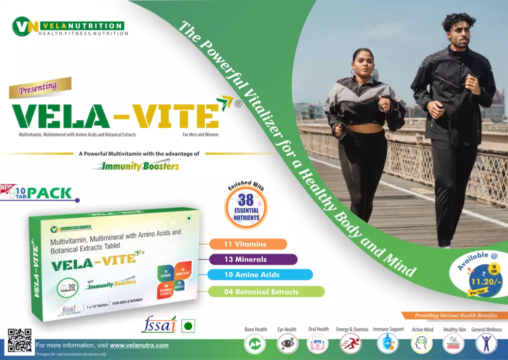 Post image Greetings from VELANUTRITION.
Introducing VELAVITE 10 TAB PACK. VELAVITE contains a powerful combination of 11 Vitamins, 13 MINERALS, 10 Amino Acids and 04 Botanical Extracts.
 With this combination, VELAVITE helps in maintaining a healthy Body and Mind.
Contact us for more Details.