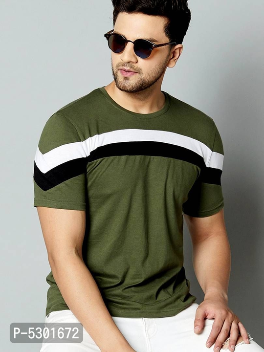 *Men's Olive Cotton Blend Striped Round Neck Tees* uploaded by Latest quality catalouge on 7/27/2022