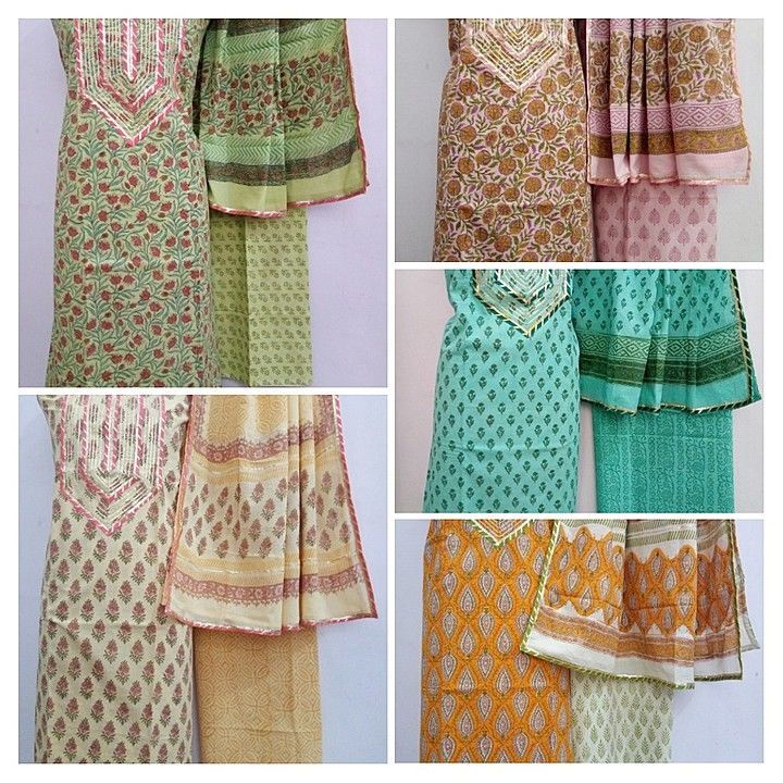 Post image Cotton top and bottom with malmal dupatta

Block print fine designs in soft pastel colours

Traditional Jaipuri gota work to enhance the beauty of your garment.

Reasonably priced to sell across the country