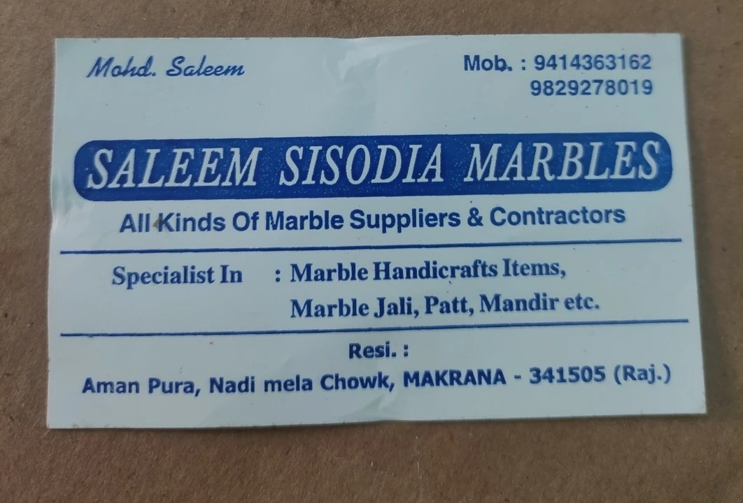 Visiting card store images of Saleem Sisodiya Marbles
