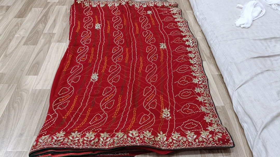 Red chunri saree handwork uploaded by business on 8/2/2022