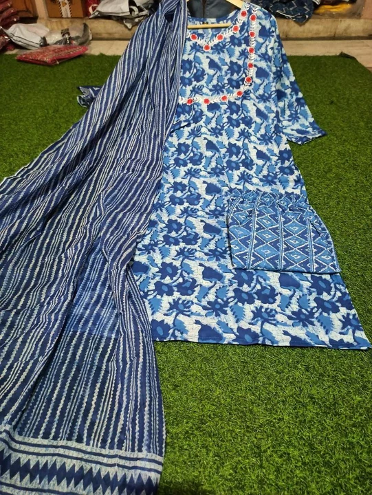 kurti with cotton printed pant and dupatta sets uploaded by Women_wholesale_hub on 8/4/2022